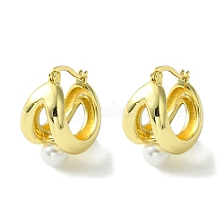 Brass Hollow Hoop Earrings with ABS Imitation Pearl, Real 16K Gold Plated, 26x13.5mm
