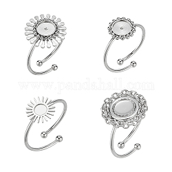 Unicraftale 4Pcs 4 Styles 304 Stainless Steel Open Cuff Ring Findings, Bezel Cup Ring Settings, Sun & Flower & Flat Round with Round Tray, Stainless Steel Color, Inner Diameter: 17.9~18.1mm, Tray: 4~6mm, 1Pc/style