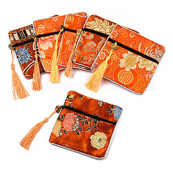 Китайская парча кисточка молния ювелирные изделия сумка подарочный мешочек, квадрат с цветочным узором, темно-оранжевый, 11.5~11.8x11.5~11.8x0.4~0.5 см