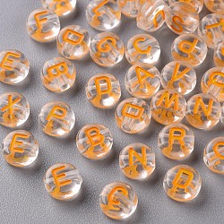 Transparente klare Acrylperlen, horizontales Loch, flach rund mit zufälligem Buchstaben, orange, 7x4 mm, Bohrung: 1.6 mm, ca. 3700 Stk. / 500 g