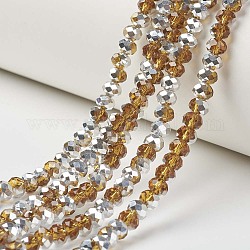 Electroplate Transparent Glass Beads Strands, Half Silver Plated, Faceted, Rondelle, Dark Goldenrod, 4x3mm, Hole: 0.4mm, about 130pcs/strand, 16.54 inch(42cm)