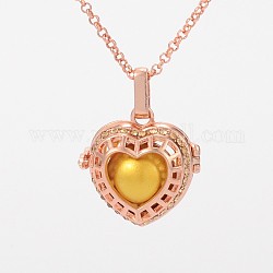 Rose Gold Plated Brass Rhinestone Cage Pendants, Chime Ball Pendants, Hollow Heart, with No Hole Spray Painted Brass Round Ball Beads, Gold, 28x27x15mm, Hole: 3x8mm