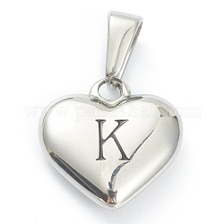 Pendentifs en 304 acier inoxydable, coeur avec lettre noire, couleur inoxydable, letter.k, 16x16x4.5mm, Trou: 7x3mm