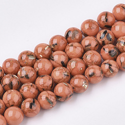 Turquoise synthétique et brins de perles de coquillage, teinte, ronde, corail, 8mm, trou: 1mm, environ 50 pcs/chapelet, 15.7 pouces