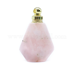 Pendentifs de bouteille de parfum en quartz rose naturel, avec les accessoires en alliage de tonalité d'or, pour l'huile essentielle, parfum, bouteille de polygone, 35x23mm