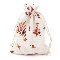Borsa in tessuto di cotone a tema natalizio, borse coulisse, per gli ornamenti del regalo della merenda della festa di Natale, albero di Natale modello, 14x10cm