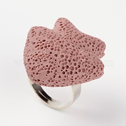Bagues de doigt réglables en pierre de lave de poisson, avec les accessoires en laiton plaqués de platine, brun rosé, 19mm