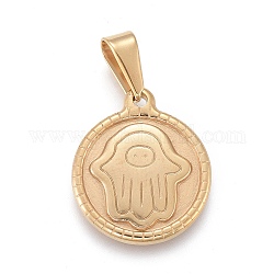 304 Stainless Steel Pendants, Flast Round with Hamsa Hand/Hand of Fatima/Hand of Miriam, Golden, 20.5x17.5x2mm, Hole: 3x7mm