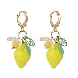 Pendientes colgantes de resina de limón con hoja y flor de perla de imitación, joyas de latón para mujer, dorado, 40.5mm, pin: 0.7x0.8 mm