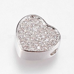 Perline zirconi micro pave  in ottone, cuore, chiaro, platino, 9x9.5x4mm, Foro: 1.2 mm
