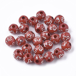 Plating Acrylic Beads, Silver Metal Enlaced, Round with Cross, Red, 8mm, Hole: 2mm, about 1800pcs/500g
