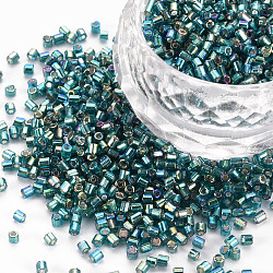 Perles de bugle en verre, arc-en-ciel de couleurs doublé d'argent, sarcelle, 2.5~3x2mm, Trou: 0.9mm, environ 15000 pcs / livre