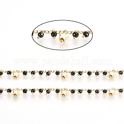 Handmade Brass Chains, with Faceted Glass Beads, Curb Chains and Star Beads, Long-Lasting Plated, Soldered, with Spool, Golden, Black, 2.5x1.5x0.5mm, about 32.8 Feet(10m)/roll