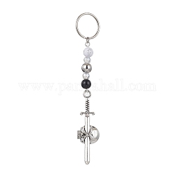 Alloy Pendant Keychain, with Iron Split Key Rings and Acrylic Beads, Sword, Skull, 11.4cm