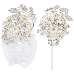 Poignet et broche ruban, avec perles d'imitation et strass en cristal, fleur, pour les décorations de fête, blanc, 109x60x20.5mm, pin: 0.5 mm, 67x60mm