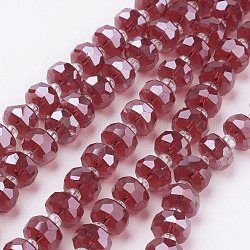 Abalorios de vidrio electroplate hebras, lustre de la perla chapado, facetados, plano y redondo, rojo, 7.5~8mm, agujero: 1 mm, aproximamente 50 pcs / cadena, 13.7 pulgada (35 cm)