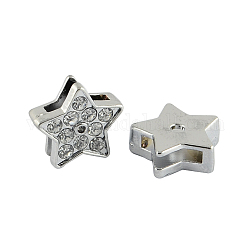 Alloy Star Slide Charms with Grade A Rhinestones, Platinum, 12x12x4mm, Hole: 8x2mm