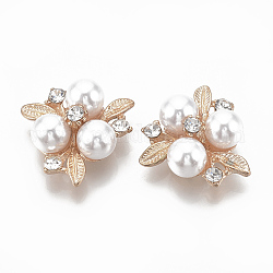Cabochons de aleación, Con rhinestone y abs imitación de perlas de plástico., flor, blanco cremoso, la luz de oro, 23x23x9mm