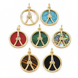 Brass Micro Pave Clear Cubic Zirconia Pendants, with Shell & Synthetic Stone & Acrylic and Jump Ring, Real 16K Gold Plated, Flat Round with Tower, Nickel Free, Mixed Color, 20x17x3mm, Jump Ring: 5x1mm, 3mm inner diameter