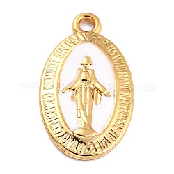 Alliage d'or pendentifs en émail, Plaqué longue durée, notre dame de la médaille miraculeuse, ovale, blanc, 21x12x1.5mm, Trou: 1.7mm