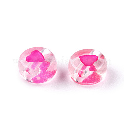 Transparente Acryl-Emailperlen, flach rund mit Herz, tief rosa, 7x4 mm, Bohrung: 1.8 mm, ca. 108000~111000 Stk. / 15000 g