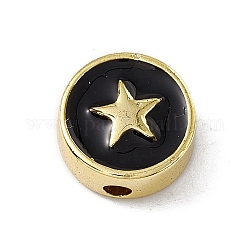 Perle di smalto in ottone, placcato di lunga durata,  cadmio& piombo libero, vero placcato oro 18k, piatta e rotonda con stella, nero, 11x4.5mm, Foro: 1.8 mm