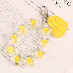 Imitation Leather Pendants Keychain, with Resin Beads and Alloy Findings, Heart with Word, Gold, Heart: 3x3.8cm