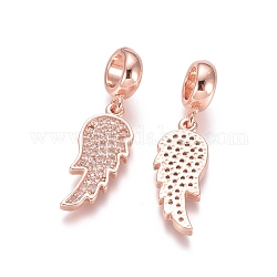 Brass Micro Pave Cubic Zirconia European Dangle Charms, Large Hole Pendants, Wing, Clear, Rose Gold, 28.5mm, Wing: 20x8x2mm, Hole: 5mm