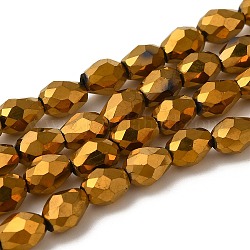 Electroplate Glass Beads Strands, Faceted, teardrop, Golden Plated, 7x5mm, Hole: 1mm, about 65~67pcs/strand, 18~18.5 inch(45.5~46.9cm)