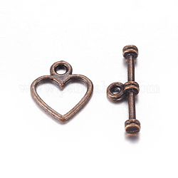 Tibetan Style Toggle Clasps, Lead Free and Cadmium Free, Red Copper Color, Heart: 14x12mm, Bar: 19mm, Hole: 1.5mm