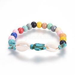 Bracelets extensibles avec perles en bois, avec des perles synthétiques turquoise (teintes) et des perles de coquillage, colorées, 2 pouce (5.2 cm)