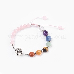 Nylon regolabile bracciali intrecciati cavo di perline, con pietre miste naturali e perle di quarzo rosa, perle di ottone e perle di lega, piatta e rotonda con l'albero della vita, 2 pollice (5 cm) ~ 3-1/8 pollici (8 cm)