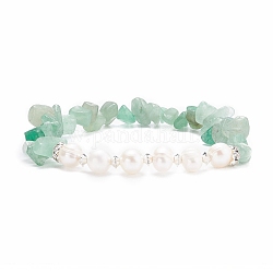 Bracelet extensible en perles d'aventurine verte naturelle et perle, bijoux en pierres précieuses pour femmes, diamètre intérieur: 2-1/8 pouce (5.4 cm)