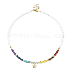 304 Stainless Steel Star Pendant Necklace, with Natural & Synthetic Mixed Gemstone & Glass Beaded Chains, Mixed Color, 15.79 inch(40.1cm)