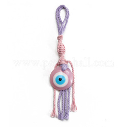 Flat Round with Evil Eye Resin Pendant Decorations, Cotton Cord Braided Tassel Hanging Ornament, Pink, 158mm