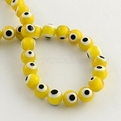 Perles rondes vernissées de mauvais œil manuelles, or, 6mm, Trou: 1mm, Environ 64 pcs/chapelet, 14.1 pouce