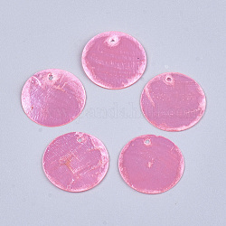 Pendentifs shell peints par pulvérisation, plat rond, rose, 20x0.5mm, Trou: 1.4mm