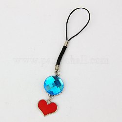 Acrylic Rhinestone Mobile Straps, with Alloy Enameled Pendants and Nylon Cord, Heart, Deep Sky Blue, 120mm