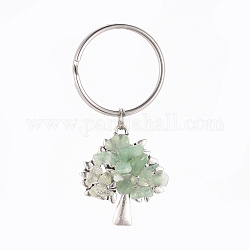 Porte-clés aventurine vert naturel, avec pendentifs en alliage plaqué argent antique et 316 porte-clés fendu en acier inoxydable chirurgical, arbre, 55mm