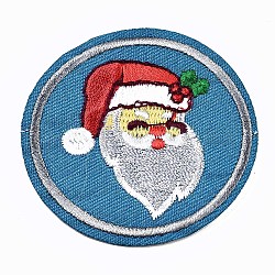 Round with Father Christmas Appliques, Computerized Embroidery Cloth Iron on/Sew on Patches, Costume Accessories, for Christmas, Sky Blue, 56.5x1.5mm