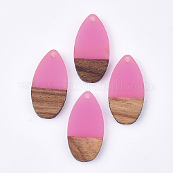 Resin & Walnut Wood Pendants, teardrop, Hot Pink, 31x16x3.5~4mm, Hole: 1.5mm
