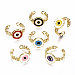 Brass Enamel Cuff Rings, Open Rings, Nickel Free, Curb Chain, Evil Eye, Real 16K Gold Plated, Mixed Color, US Size 7 3/4(17.9mm)