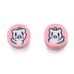 Handmade Polymer Clay Beads, Flat Round with Pig, Pink, 9~9.5x4~5.5mm, Hole: 1.6mm