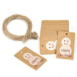 Tag regalo di carta kraft natalizia rettangolo 100 pz, con corde di iuta, Burlywood, pupazzo di neve, 5x3cm