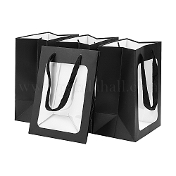 Flower Bouquet Paper Gift Bags, Portable Kraft Paper Tote Shopping Bag, with PVC Transparent Window and Handles, Party Gift Wrapping Bags, Rectangle, Black, 18x13x25cm