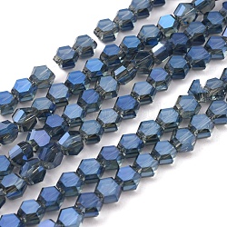 Abalorios de vidrio electroplate hebras, chapado en arco iris , facetados, hexágono, acero azul, 6x7x4mm, agujero: 1.2 mm, aproximamente 100 pcs / cadena, 20.87 pulgada (53 cm)