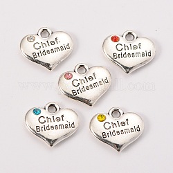 Wedding Theme Antique Silver Tone Tibetan Style Alloy Heart with Chief Bridesmaid Rhinestone Charms, Mixed Color, 14x16x3mm, Hole: 2mm