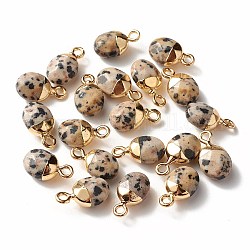 Electroplate Natural Dalmatian Jasper Charms, with Iron Findings, Faceted, Oval, Golden, 14~15x8x5~5.5mm, Hole: 1.8mm