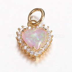 Ottone micro spianare fascino zirconi, con opale sintetico, cuore, oro, perla rosa, 14x11.5x5mm, Foro: 4 mm
