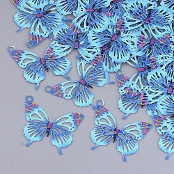 Bedruckte Messinganhänger, Verzierungen aus geätztem Metall, Schmetterling, Verdeck blau, 16.5x19x0.3 mm, Bohrung: 1.5 mm